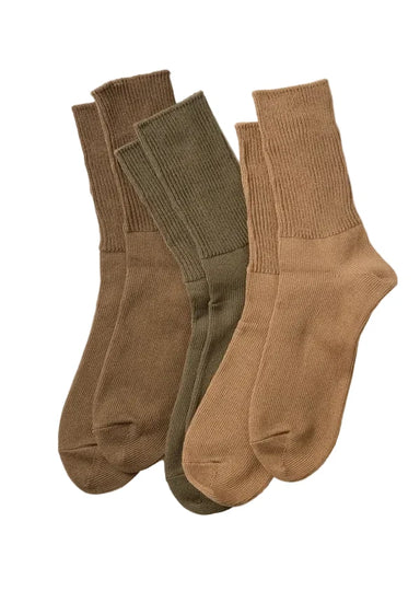 Three pairs of ribbed crew socks in brown, olive green, and tan, arranged overlapping on a light gray background.