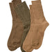 Three pairs of ribbed crew socks in brown, olive green, and tan, arranged overlapping on a light gray background.