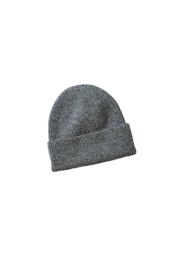 A dark gray heathered knit beanie hat with a folded cuff, photographed flat on a light gray background.