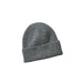 A dark gray heathered knit beanie hat with a folded cuff, photographed flat on a light gray background.