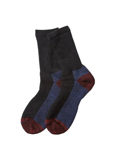 A pair of crew socks in black, navy blue, and burgundy red, arranged overlapping on a light gray background.