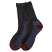 A pair of crew socks in black, navy blue, and burgundy red, arranged overlapping on a light gray background.