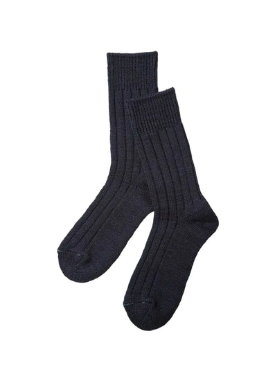 A pair of dark navy blue ribbed knit crew socks displayed against a clean white background.