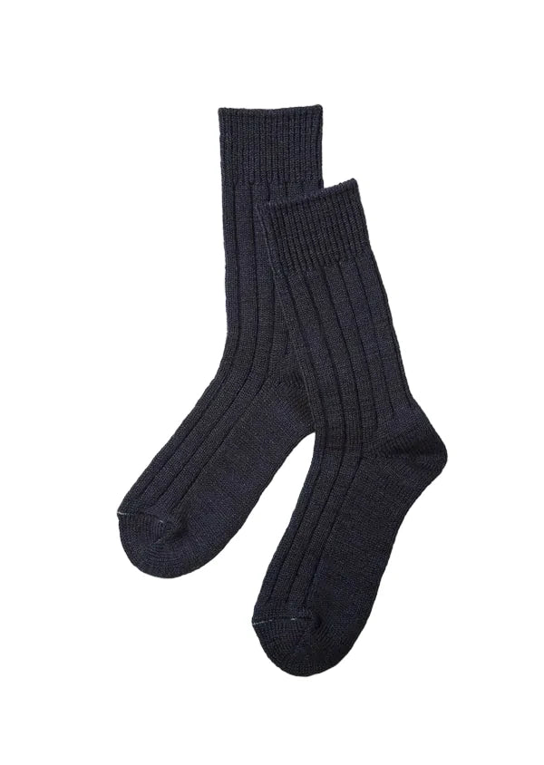A pair of dark navy blue ribbed knit crew socks displayed against a clean white background.