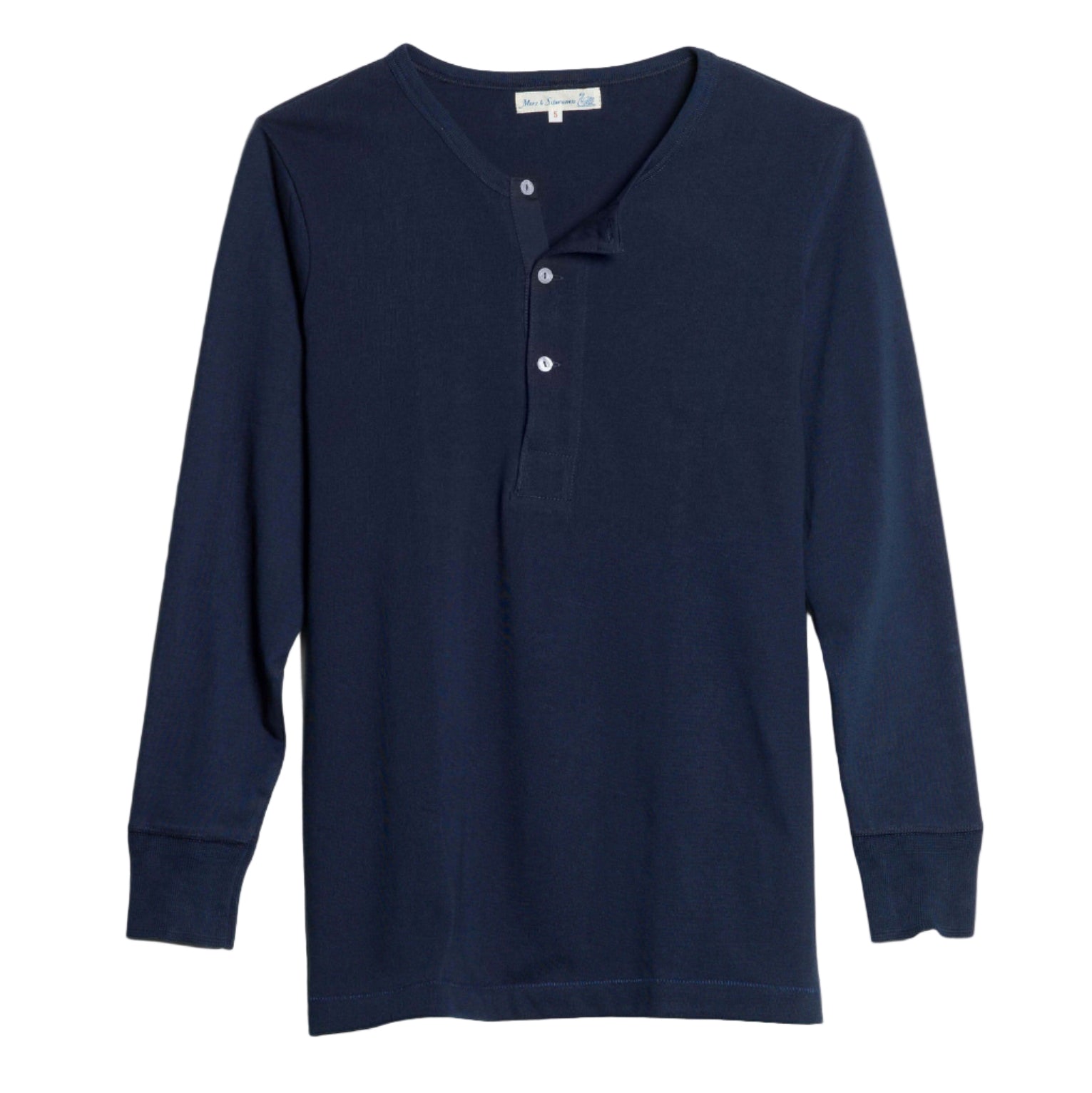 Navy long-sleeve henley shirt on a light gray background