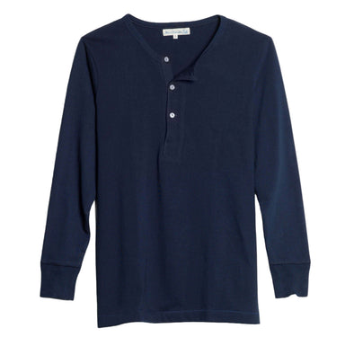 Navy long-sleeve henley shirt on a light gray background