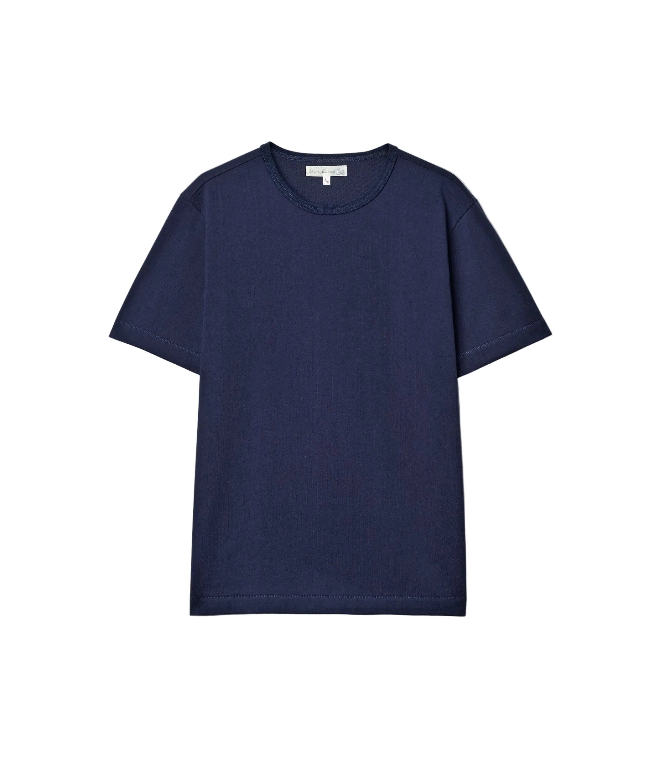 Navy blue t-shirt on a light gray background