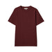 A short-sleeve crewneck t-shirt in a deep burgundy color, laid flat against a light off-white background.