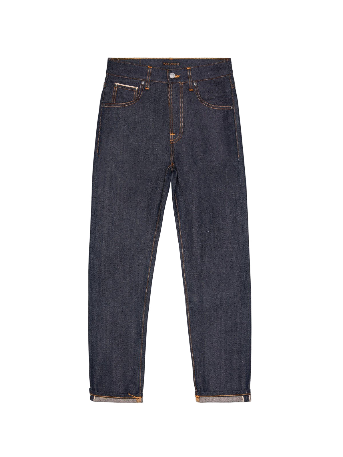 Pair of dark blue jeans on a white background