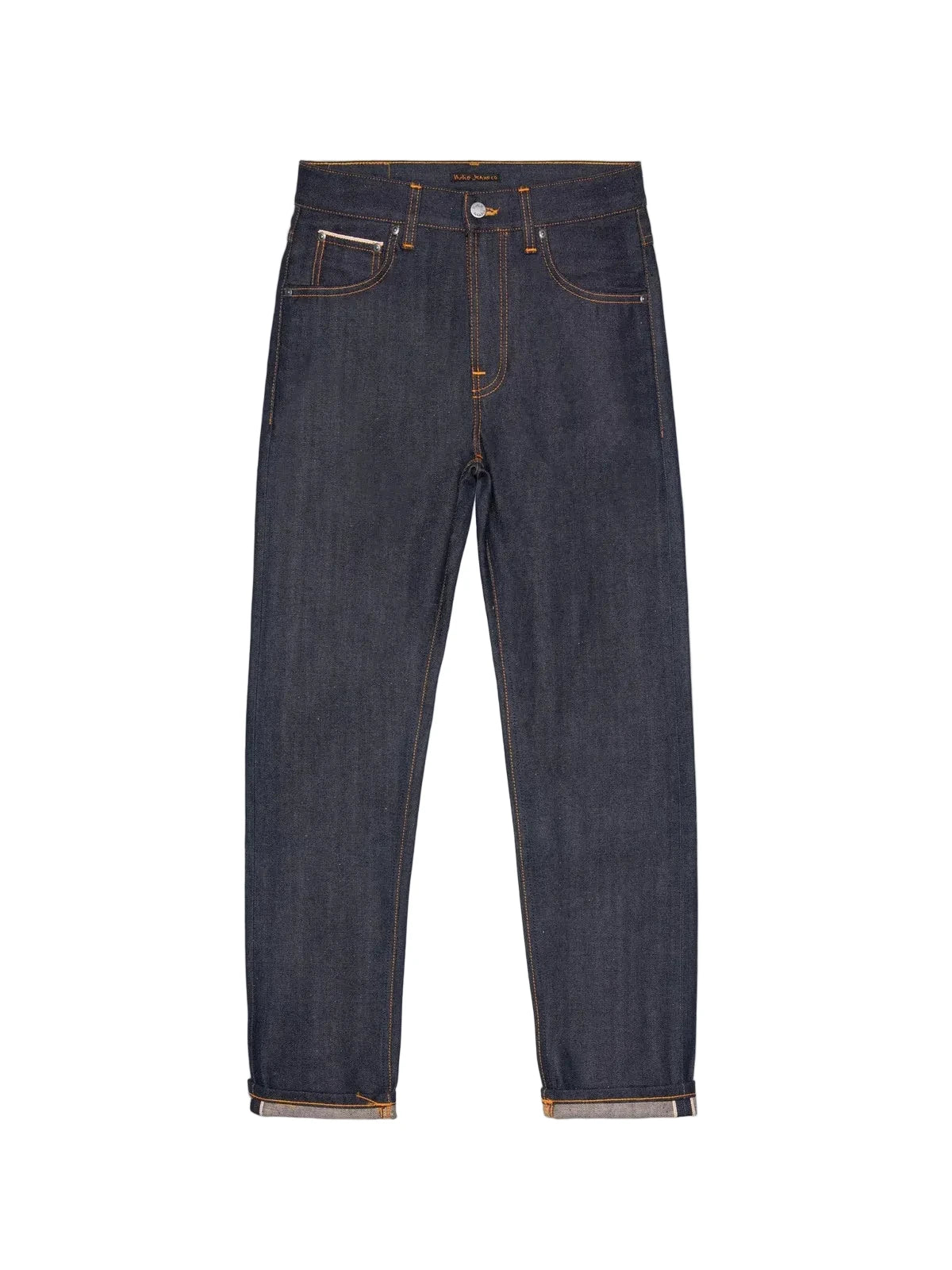 A pair of dark indigo denim jeans with orange-brown contrast stitching, shown flat against a light gray background.