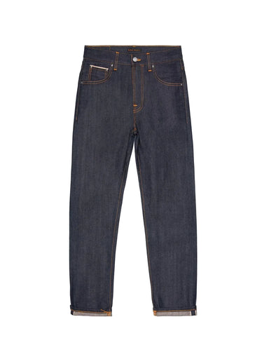 A pair of dark indigo denim jeans with orange-brown contrast stitching, shown flat against a light gray background.