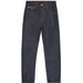A pair of dark indigo denim jeans with orange-brown contrast stitching, shown flat against a light gray background.