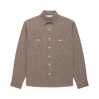 Brown chambray shirt with two chest pockets on a white background