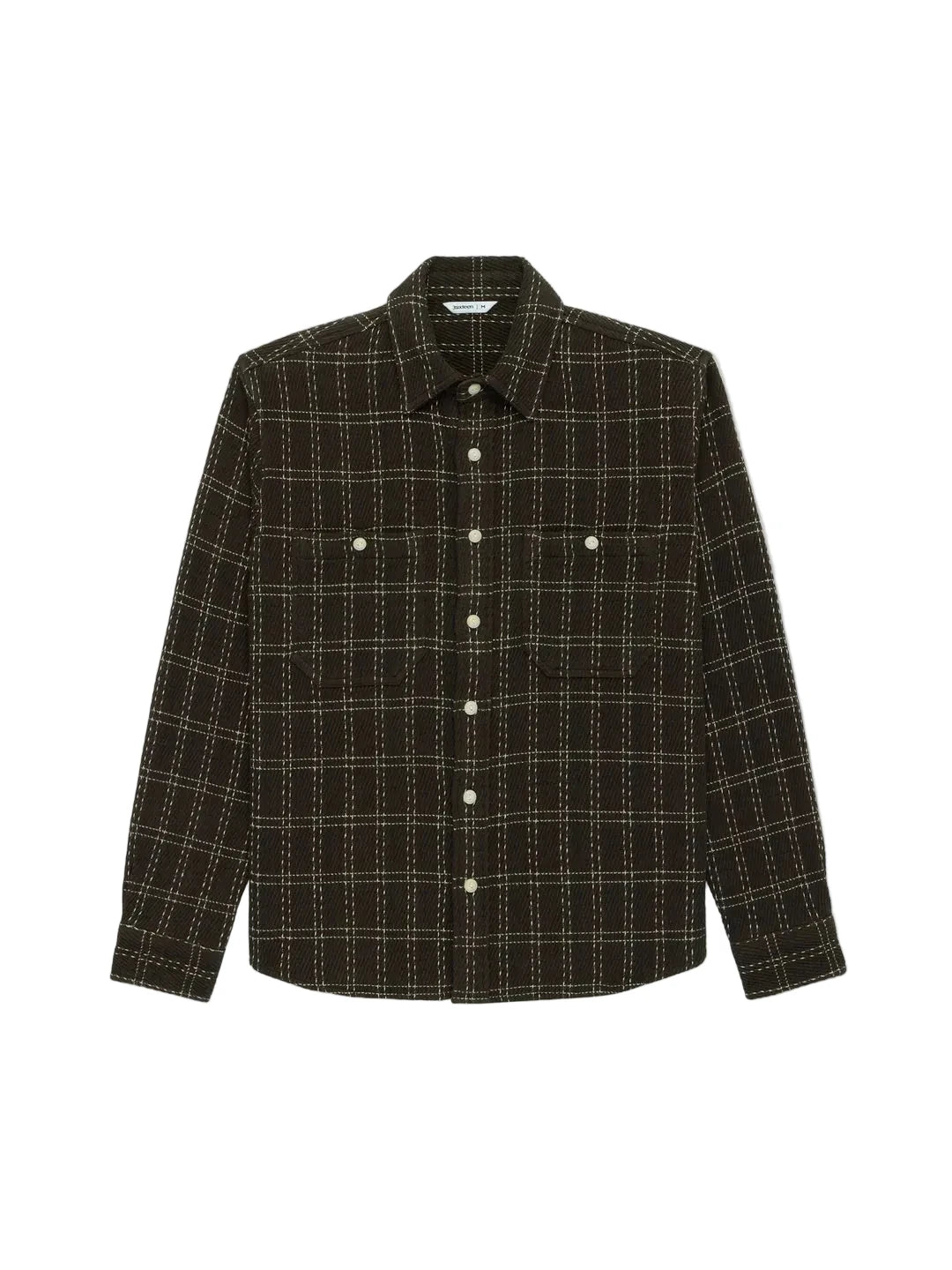 A dark brown long-sleeve button-up shirt with a beige and white windowpane plaid pattern, featuring two buttoned chest pockets, displayed on a light gray background.