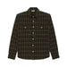 A dark brown long-sleeve button-up shirt with a beige and white windowpane plaid pattern, featuring two buttoned chest pockets, displayed on a light gray background.