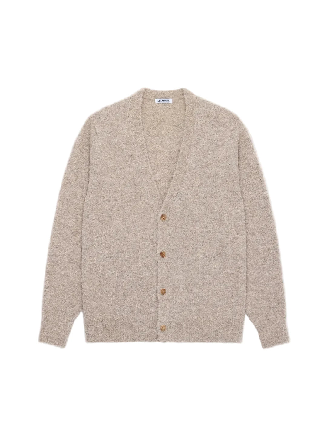 A light beige knit cardigan sweater with brown buttons, laid flat against a light gray background.