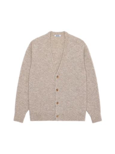 A light beige knit cardigan sweater with brown buttons, laid flat against a light gray background.
