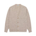 A light beige knit cardigan sweater with brown buttons, laid flat against a light gray background.