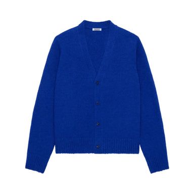 A vibrant royal blue knit cardigan sweater with a V-neck, button-front closure, and ribbed hem and cuffs, displayed on a clean light gray background.