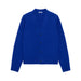 A vibrant royal blue knit cardigan sweater with a V-neck, button-front closure, and ribbed hem and cuffs, displayed on a clean light gray background.