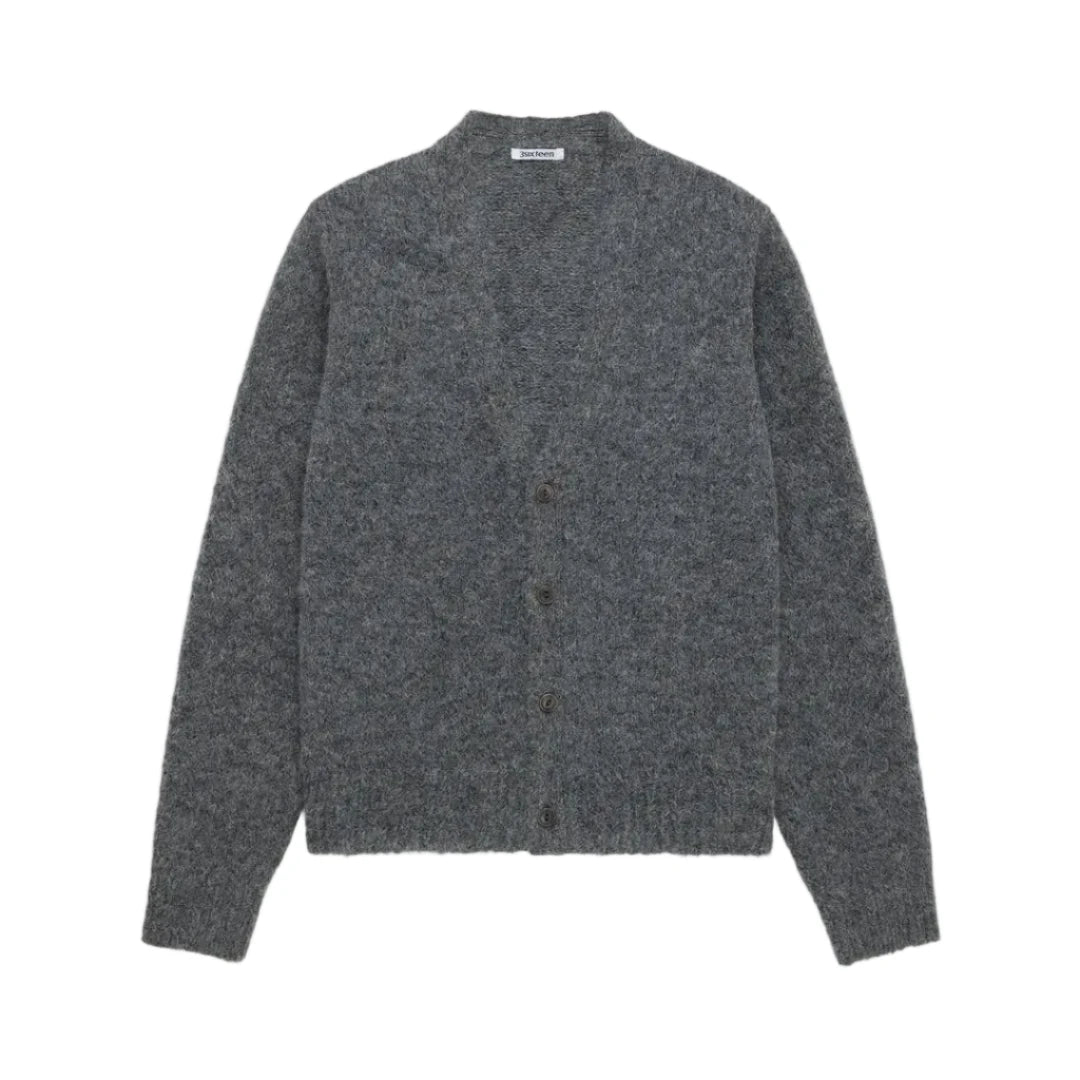 A dark gray textured knit cardigan sweater with a button-up front, displayed flat against a light gray background.