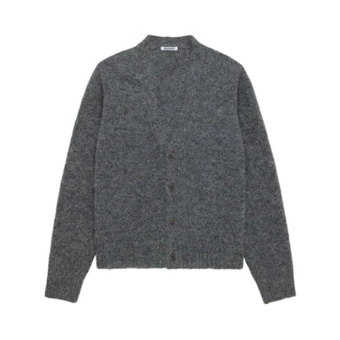 A dark gray textured knit cardigan sweater with a button-up front, displayed flat against a light gray background.