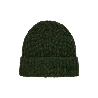 A dark green ribbed knit beanie hat with a folded cuff, shown against a plain light gray background.