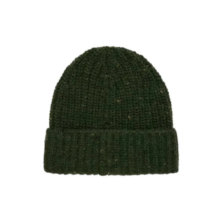 A dark green ribbed knit beanie hat with a folded cuff, shown against a plain light gray background.