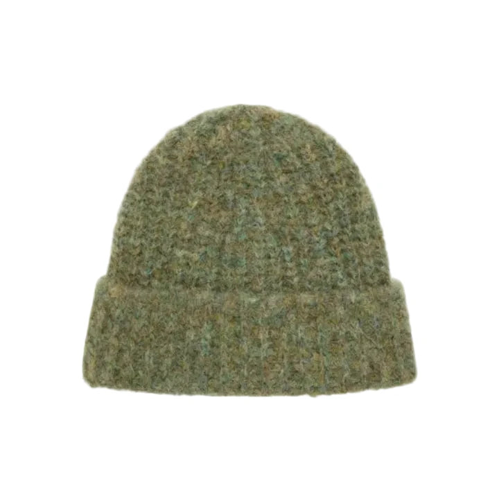 A textured knit beanie hat in a heathered olive green and brown colorway, centered on a plain light gray background.