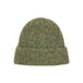 A textured knit beanie hat in a heathered olive green and brown colorway, centered on a plain light gray background.