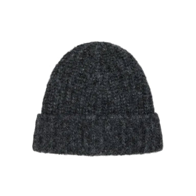 A dark charcoal gray knit beanie hat with a folded cuff, shown against a plain light gray background.