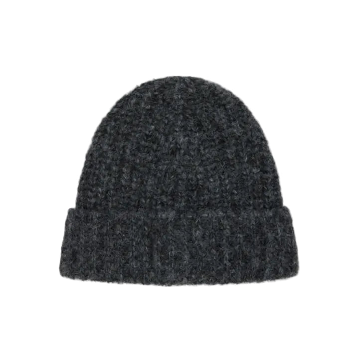 A dark charcoal gray knit beanie hat with a folded cuff, shown against a plain light gray background.