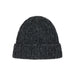 A dark charcoal gray knit beanie hat with a folded cuff, shown against a plain light gray background.