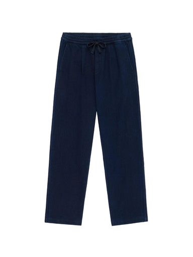 Navy blue pants with a drawstring on a white background