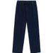 Navy blue pants with a drawstring on a white background