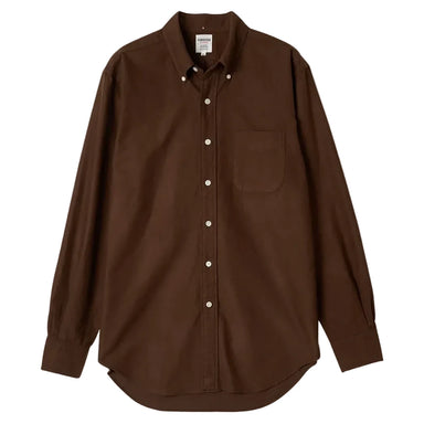 A dark brown long-sleeve button-down shirt with a single chest pocket, laid flat against a light beige background.