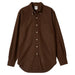 A dark brown long-sleeve button-down shirt with a single chest pocket, laid flat against a light beige background.