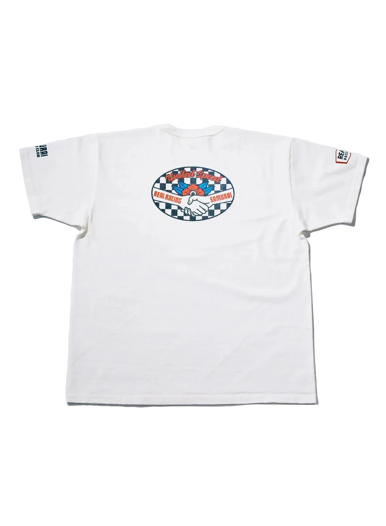 White t-shirt with a colorful logo on a light gray background