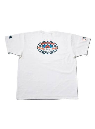 White t-shirt with a colorful logo on a light gray background