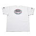 White t-shirt with a colorful logo on a light gray background