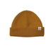 A mustard yellow ribbed knit beanie hat with a small white brand tag on the side, displayed against a clean white background.