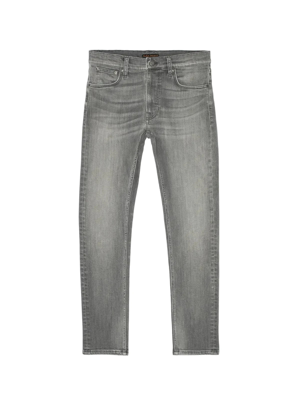 A pair of slim-fit grey denim jeans with subtle fading, shown flat against a light grey background.