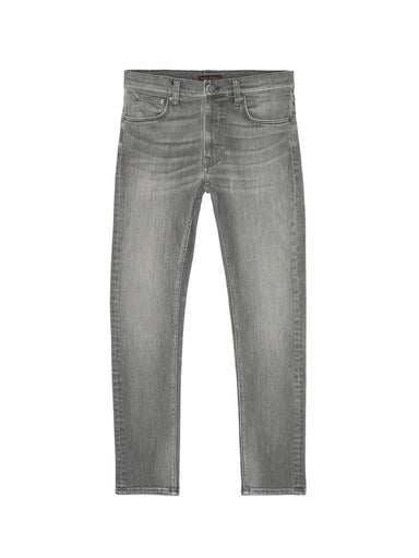 A pair of slim-fit grey denim jeans with subtle fading, shown flat against a light grey background.