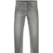 A pair of slim-fit grey denim jeans with subtle fading, shown flat against a light grey background.