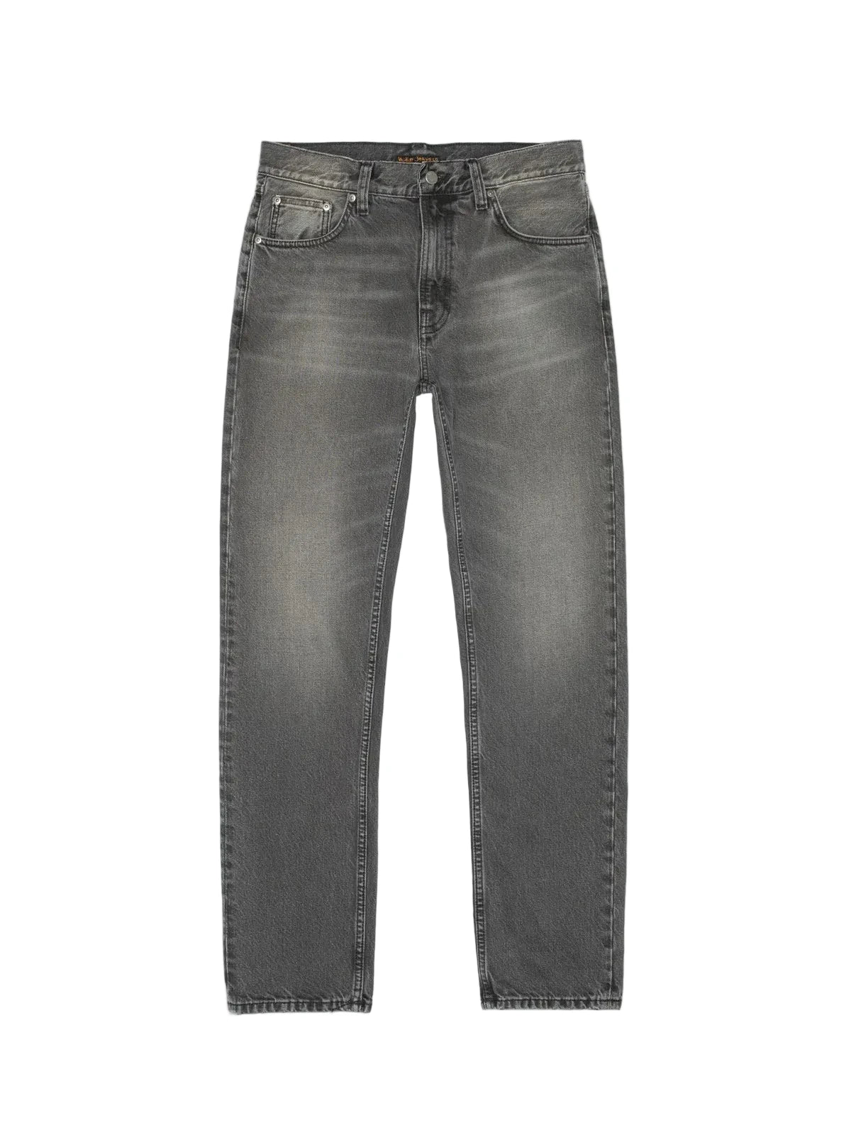 A pair of dark gray washed denim jeans shown flat against a light gray background.