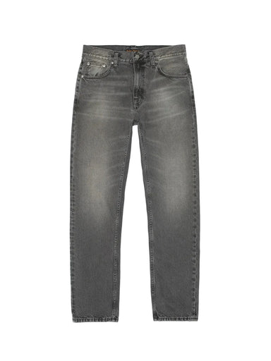 A pair of dark gray washed denim jeans shown flat against a light gray background.