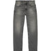 A pair of dark gray washed denim jeans shown flat against a light gray background.