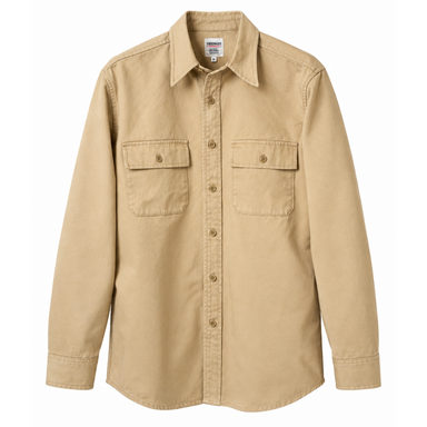 A tan long-sleeve button-up shirt with two buttoned chest pockets, shown against a plain white background.