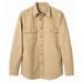 A tan long-sleeve button-up shirt with two buttoned chest pockets, shown against a plain white background.