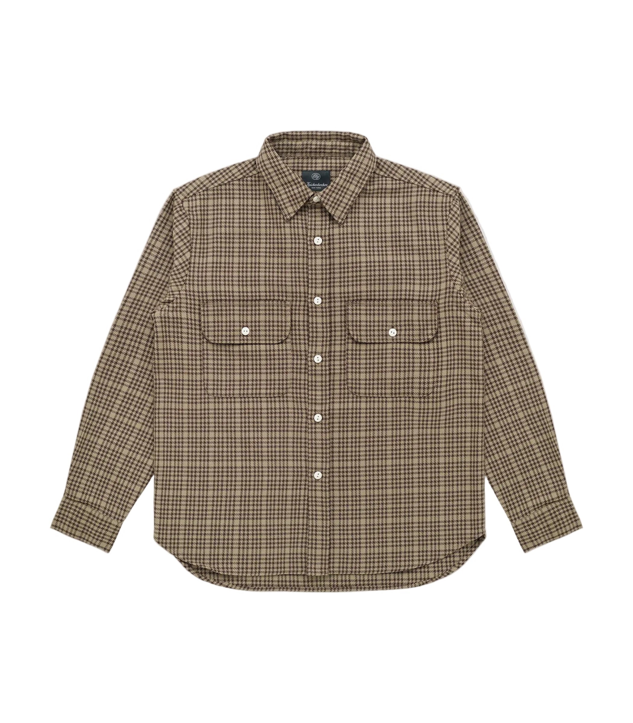 A brown and beige plaid long-sleeve button-up shirt with two chest flap pockets, displayed flat against a light gray background.